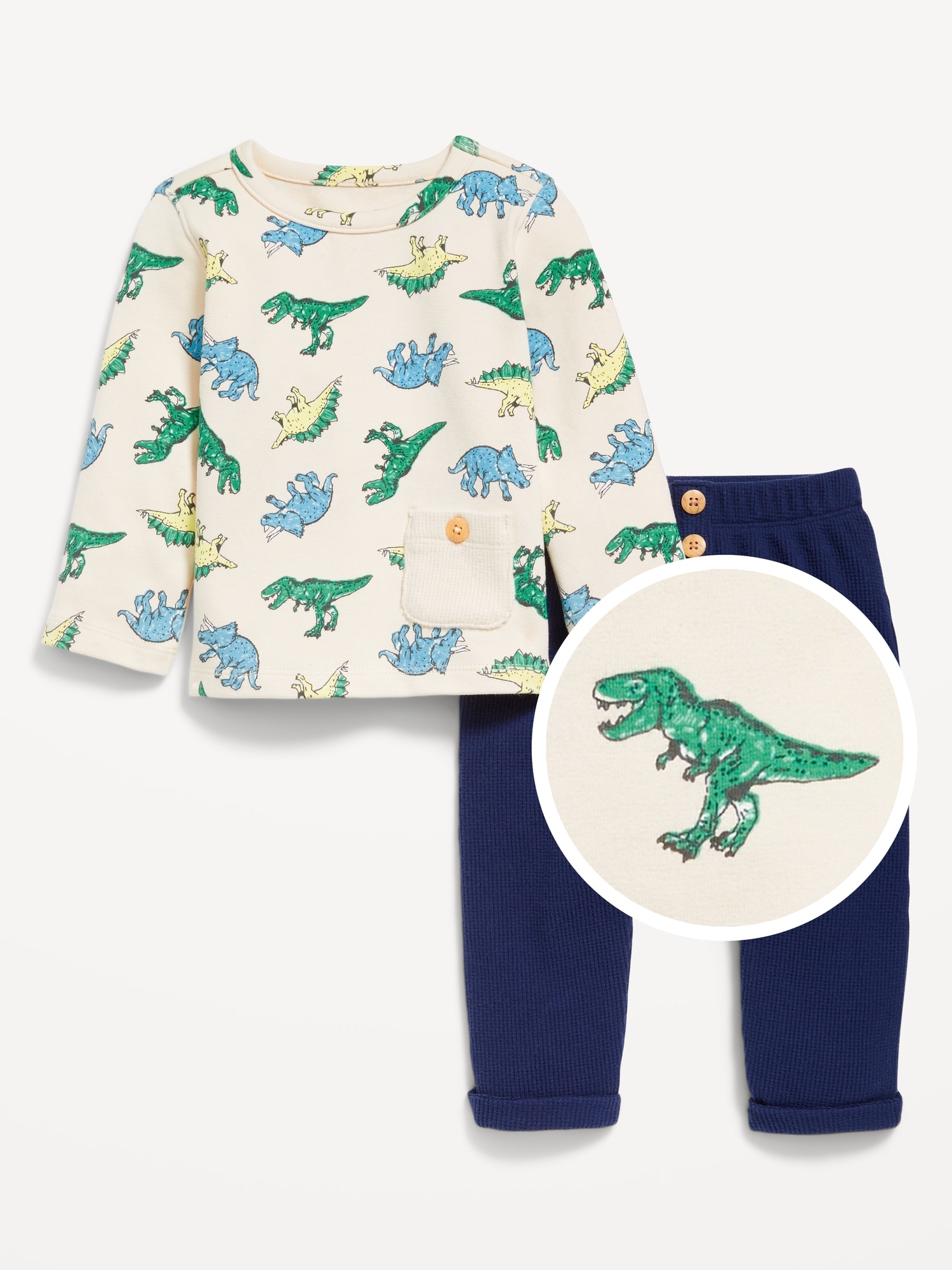 Printed Buttoned-Pocket T-Shirt and Thermal-Knit Pants Set for Baby