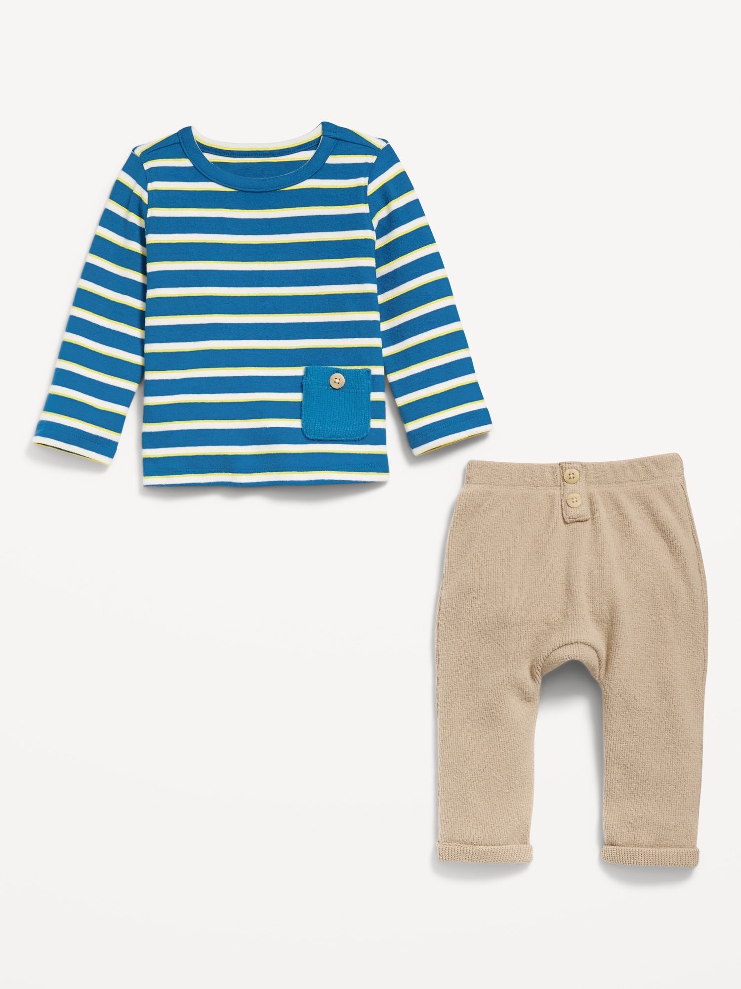 Printed Buttoned-Pocket T-Shirt and Thermal-Knit Pants Set for Baby