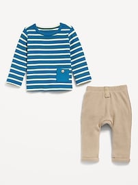 Voir une image plus grande du produit 3 de 3. Ensemble pantalon en tricot isotherme et t-shirt à poche boutonnée à motif pour bébé