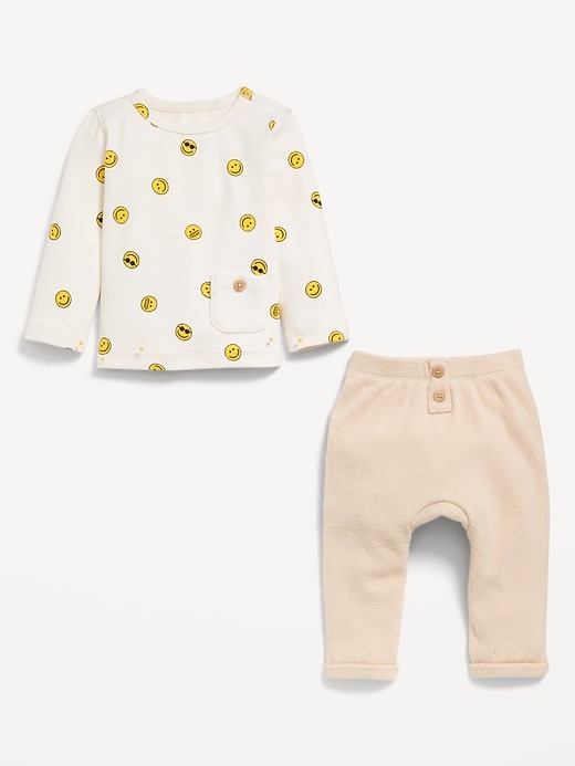 Voir une image plus grande du produit 2 de 3. Ensemble pantalon en tricot isotherme et t-shirt à poche boutonnée à motif pour bébé