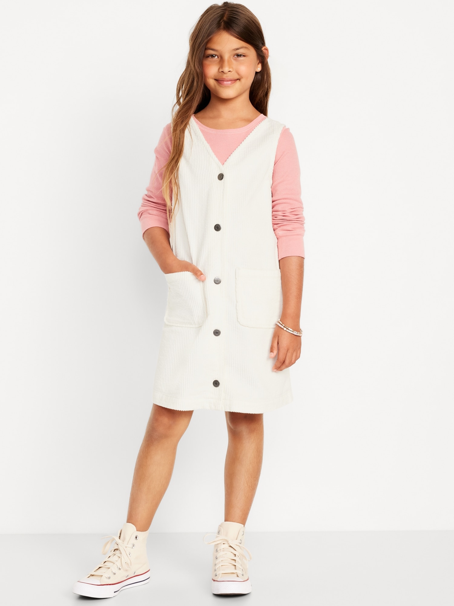 Sleeveless Button-Front Corduroy Dress for Girls