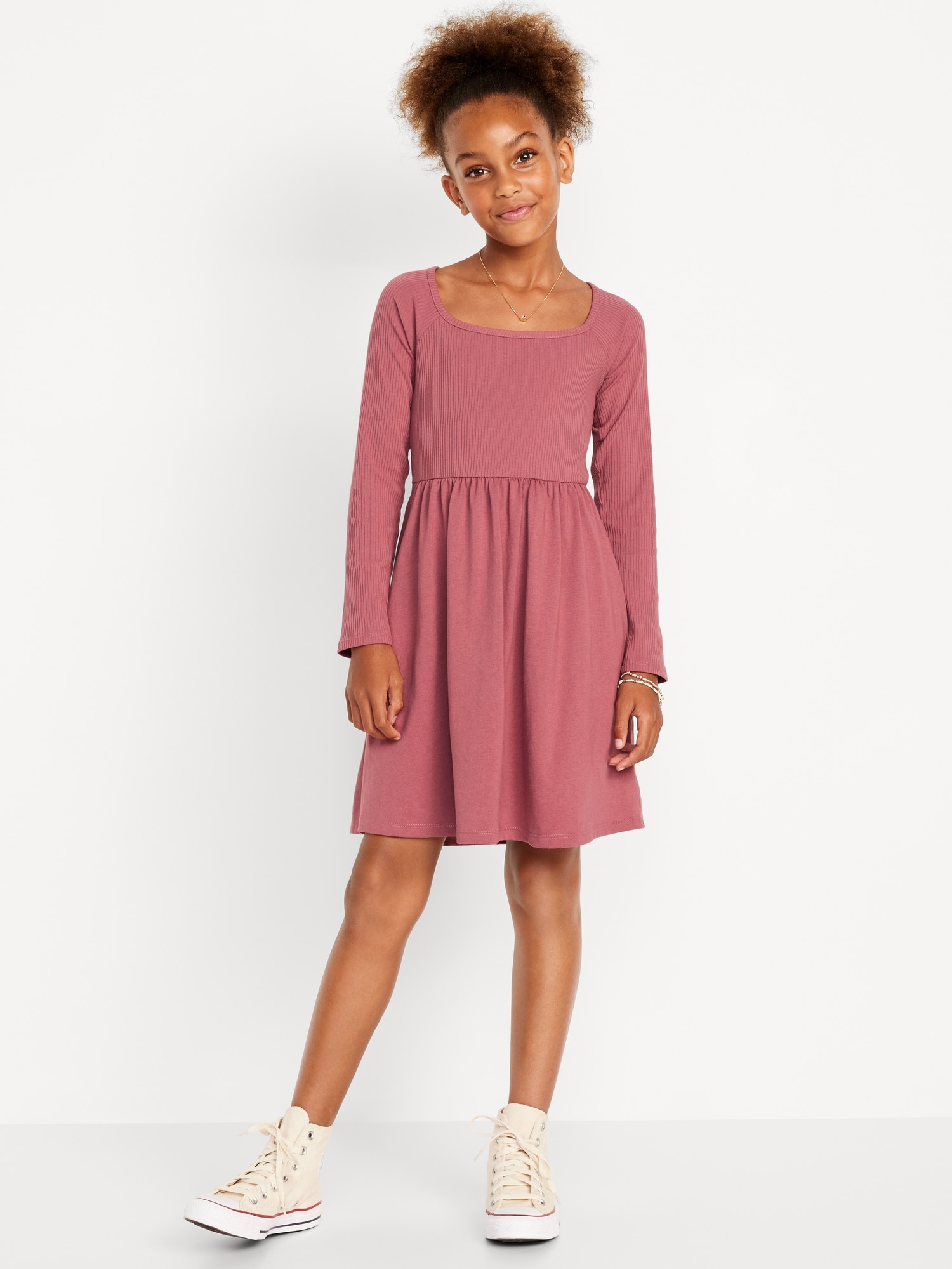 Long-Sleeve Square-Neck Fit and Flare Dress for Girls