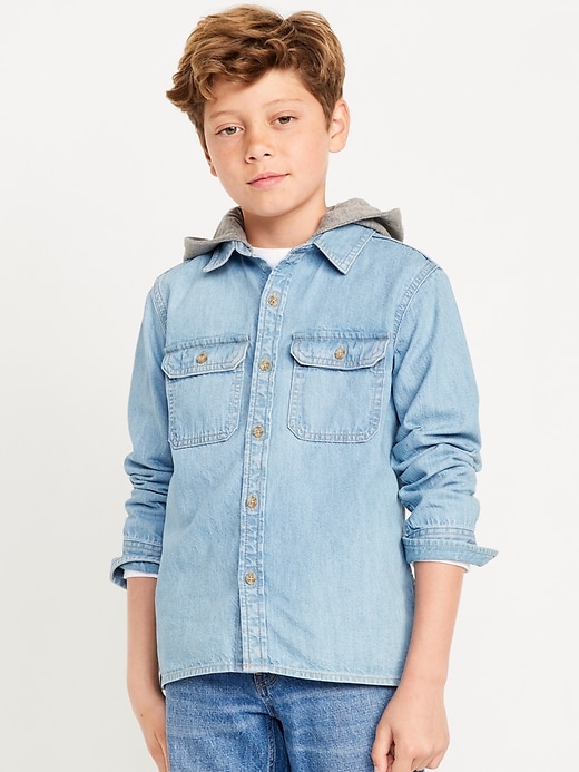 View large product image 1 of 3. Long-Sleeve Hooded Utility Jean Shirt for Boys