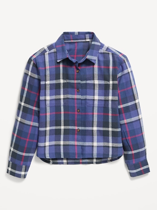 View large product image 2 of 3. Cropped Long-Sleeve Plaid Pocket Flannel Shirt for Girls