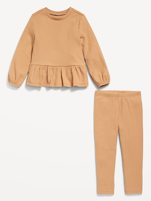 View large product image 2 of 2. Cozy Long-Sleeve Ribbed Peplum Top and Leggings Set for Toddler Girls