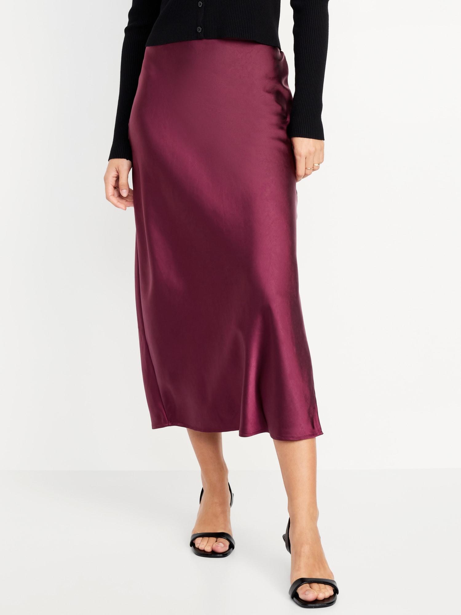 High-Waisted Satin Midi Slip Skirt