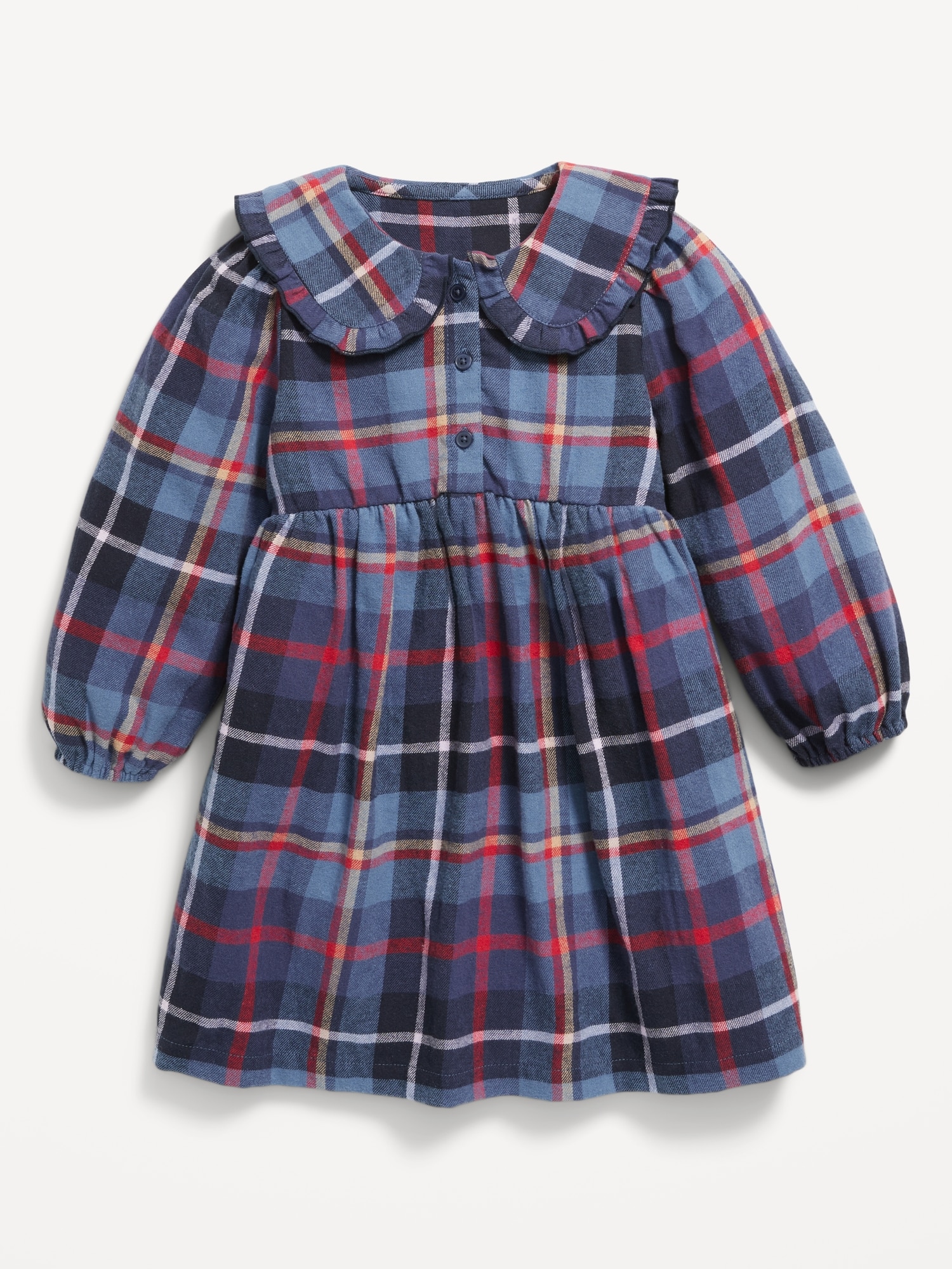 Long-Sleeve Flannel Collared Dress for Toddler Girls - Blue