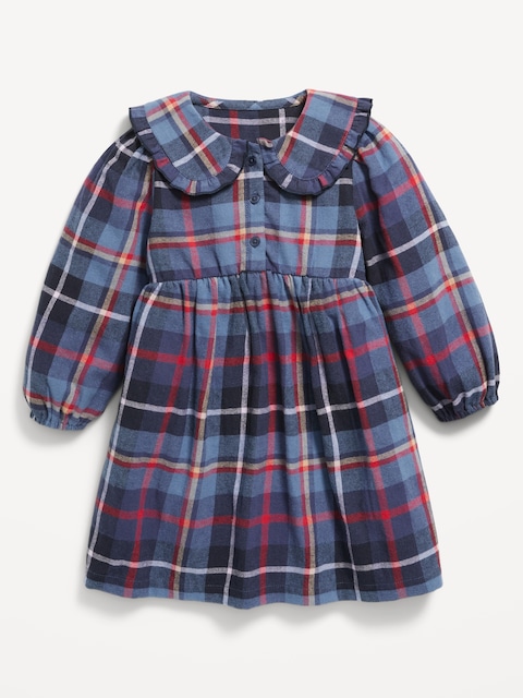 Long-Sleeve Flannel Collared Dress for Toddler Girls - Blue Plaid