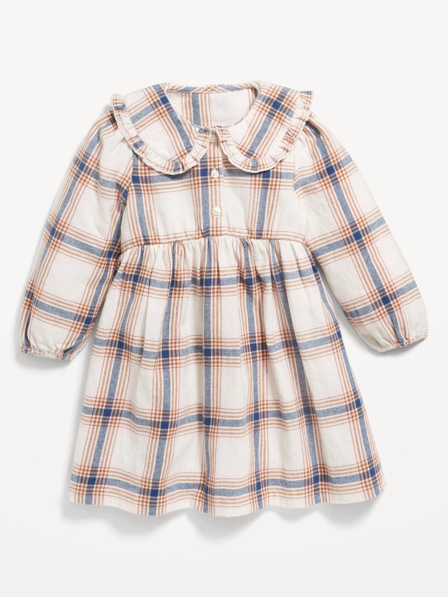 Long-Sleeve Flannel Collared Dress for Toddler Girls - White