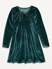 View large product image 3 of 3. Long-Sleeve Tie-Neck Velvet Swing Dress for Girls