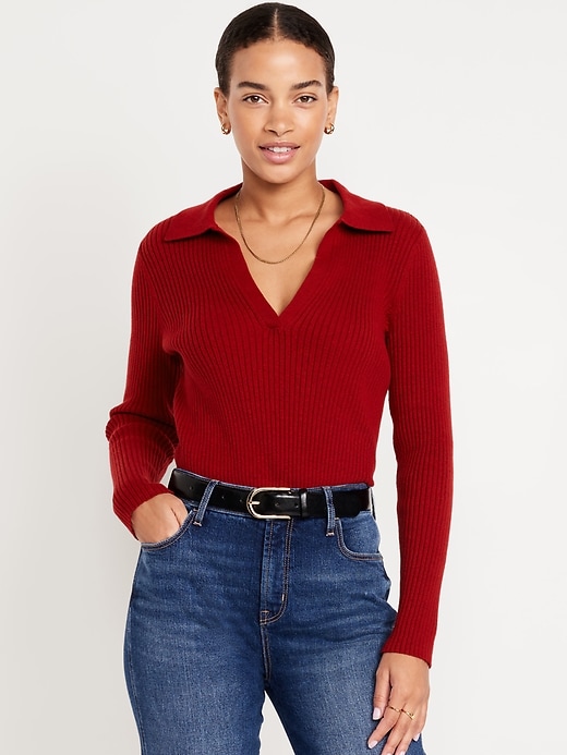 Image number 1 showing, Ribbed Crop Polo Sweater