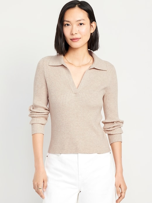 Image number 1 showing, Ribbed Crop Polo Sweater