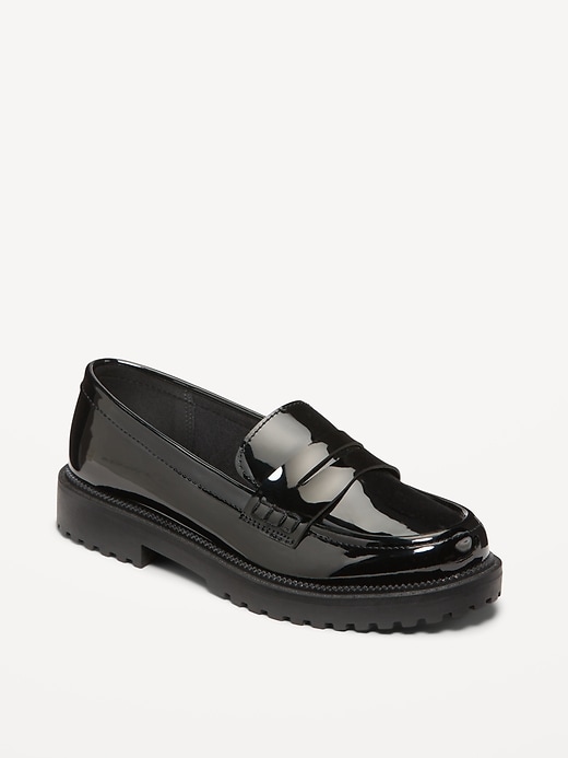 View large product image 1 of 4. Shiny Faux-Leather Chunky Heel Loafers for Toddler Girls