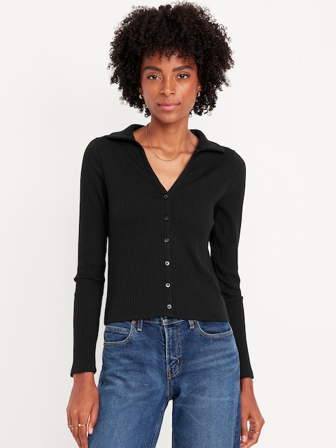 Slim Ribbed Button-Down Top - Black