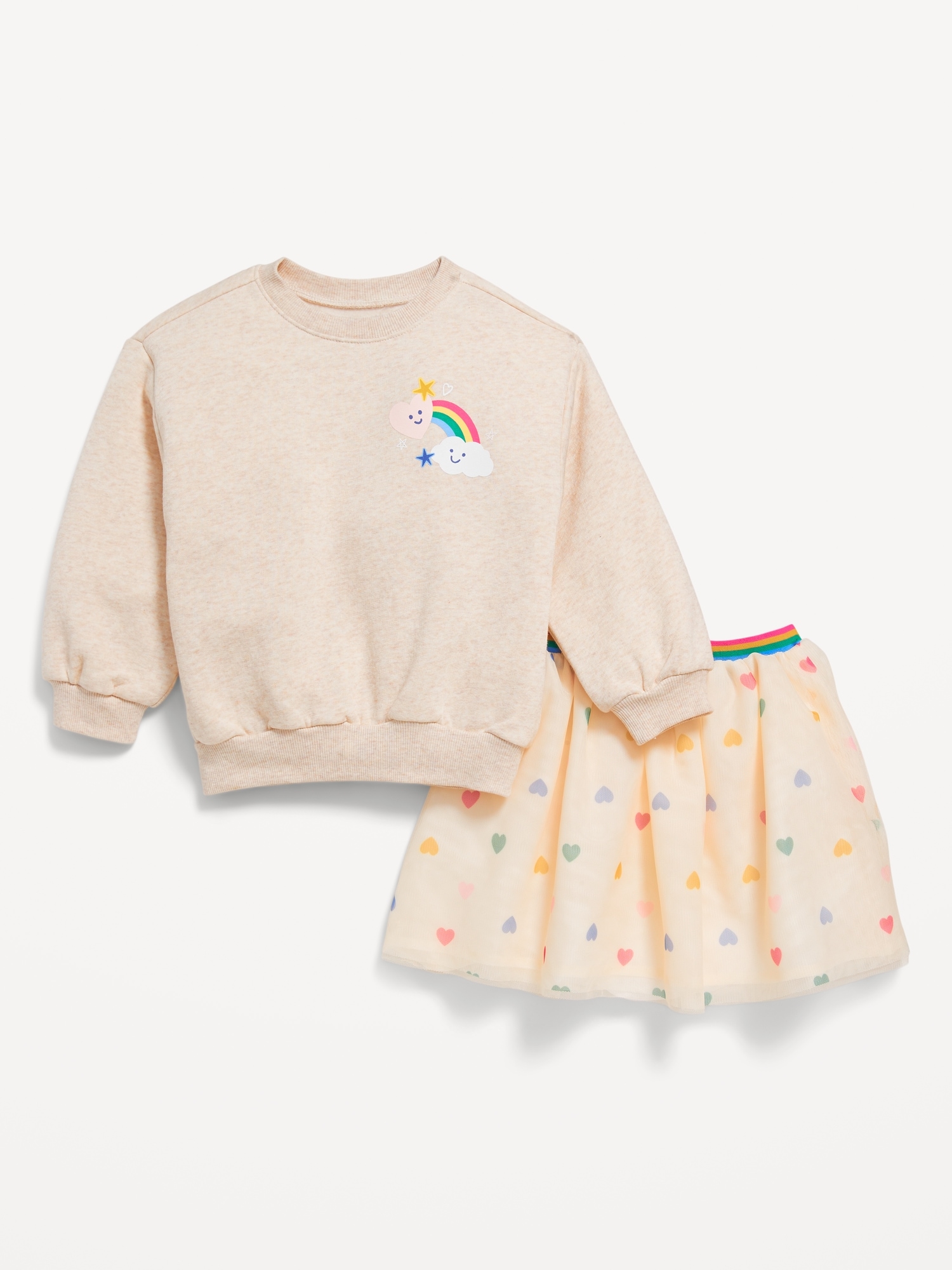 Crew-Neck Graphic Sweatshirt and Tulle Skirt Set for Toddler Girls