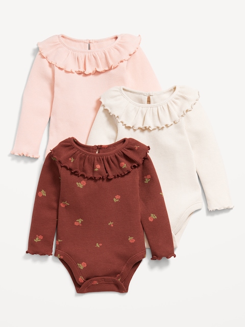 Long-Sleeve Ruffle-Trim Thermal-Knit Bodysuit 3-Pack for Baby - Floral Swirl