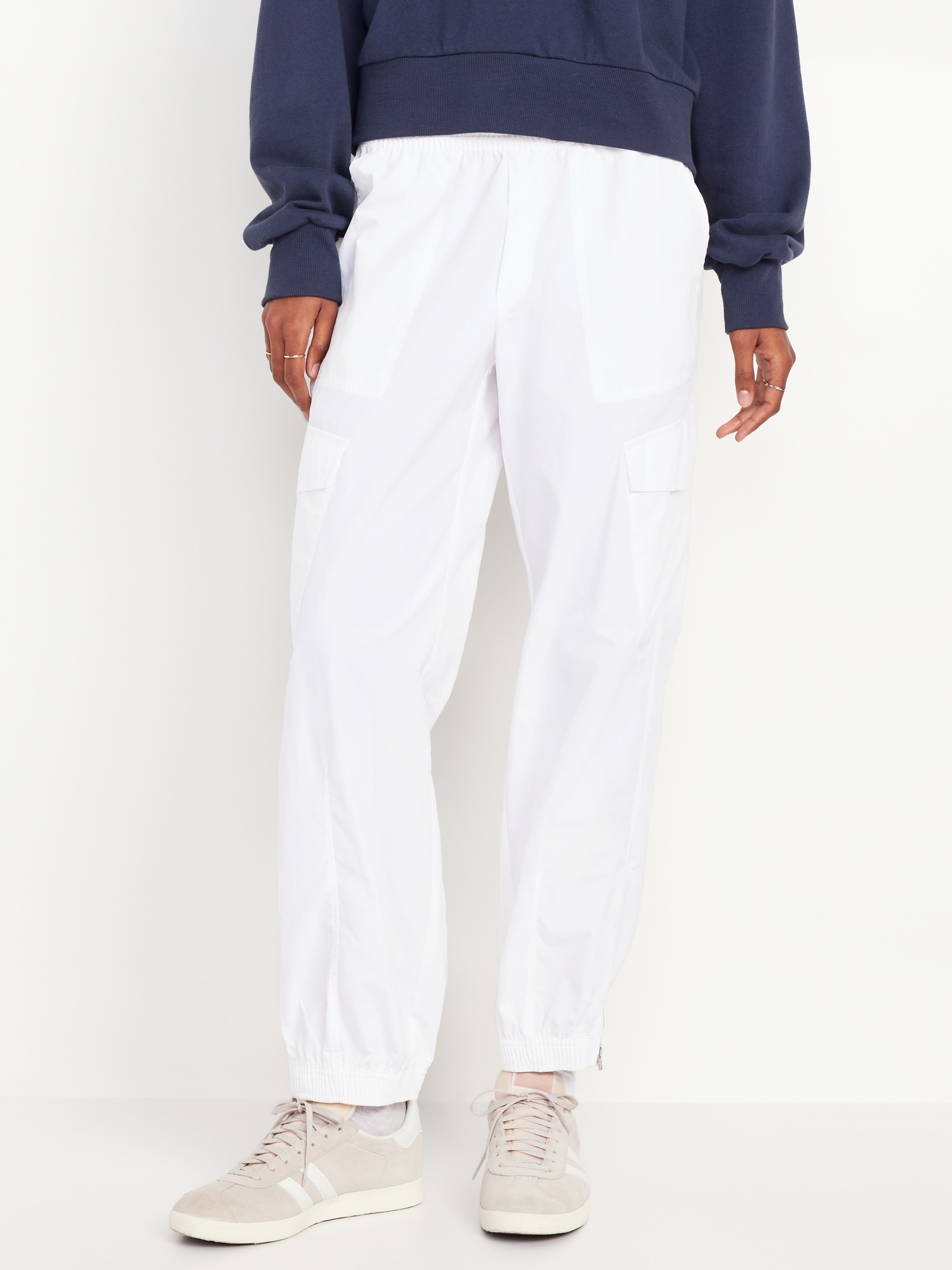 High-Waisted Ankle-Zip Cargo Joggers - White