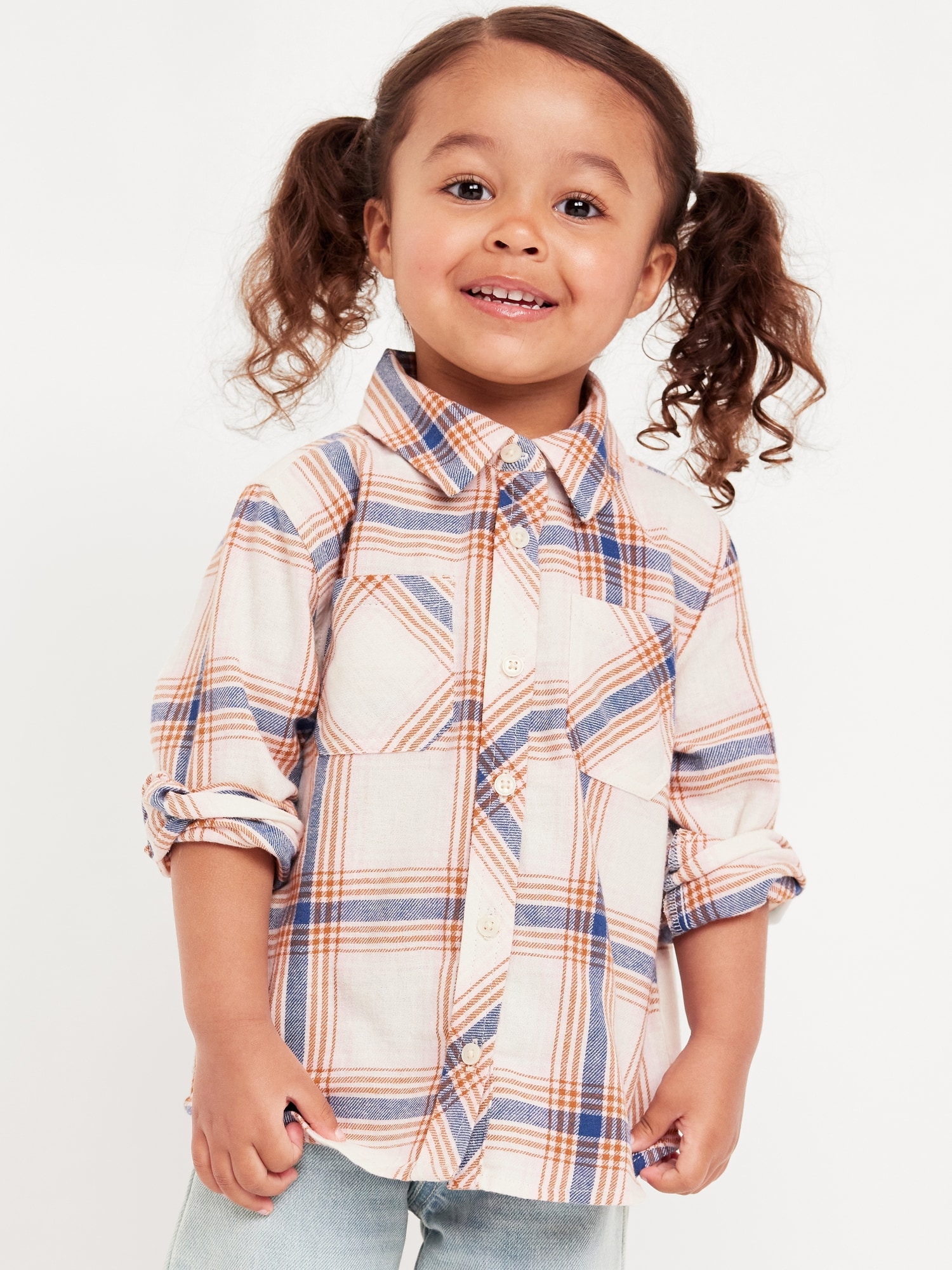 Long-Sleeve Plaid Pocket Shirt for Toddler Girls - White