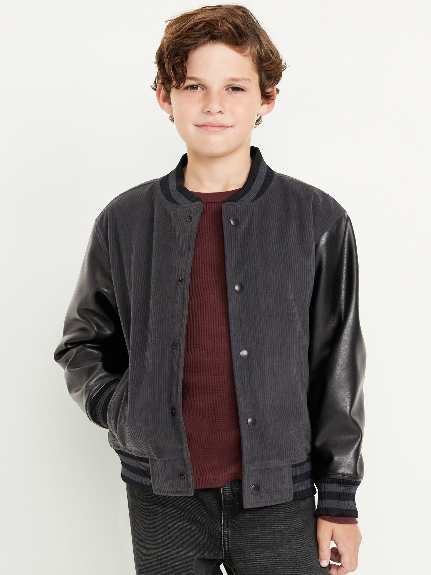 Water-Resistant Faux-Leather Sleeves Corduroy Bomber Jacket for Boys