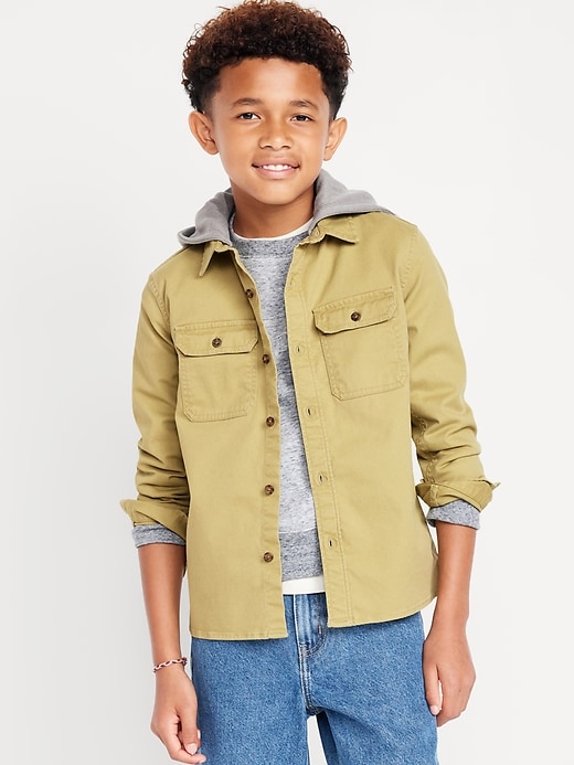 View large product image 1 of 3. Long-Sleeve Hooded Utility Twill Shirt for Boys