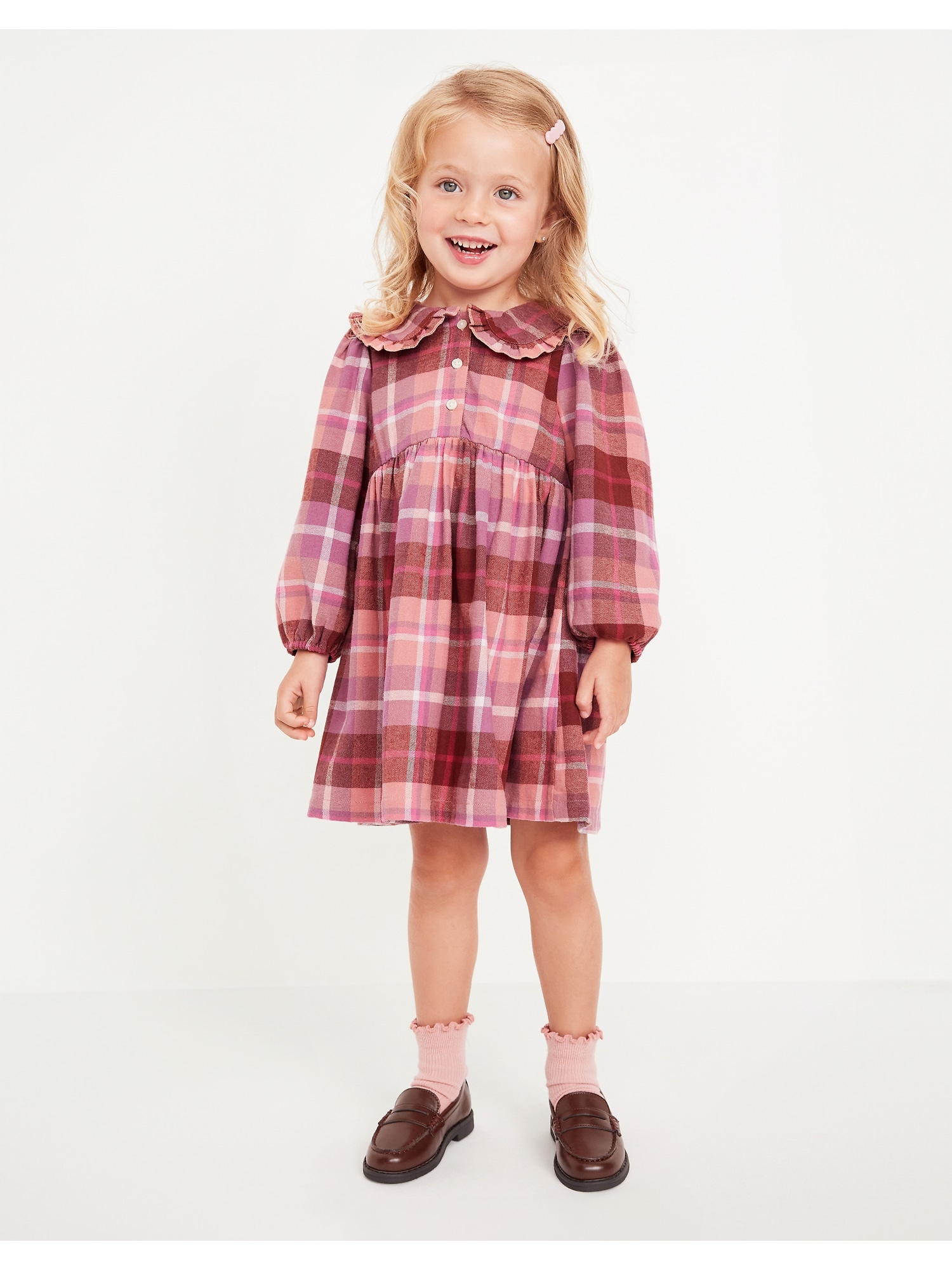 Long-Sleeve Flannel Collared Dress for Toddler Girls - Blue