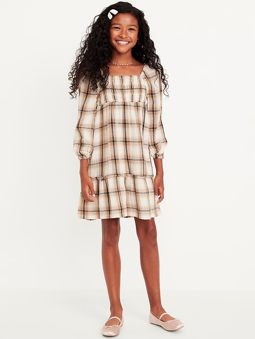 View large product image 1 of 3. Printed Long-Sleeve Double-Weave Fit and Flare Dress for Girls