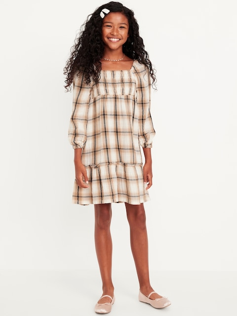 Printed Long-Sleeve Double-Weave Fit and Flare Dress for Girls