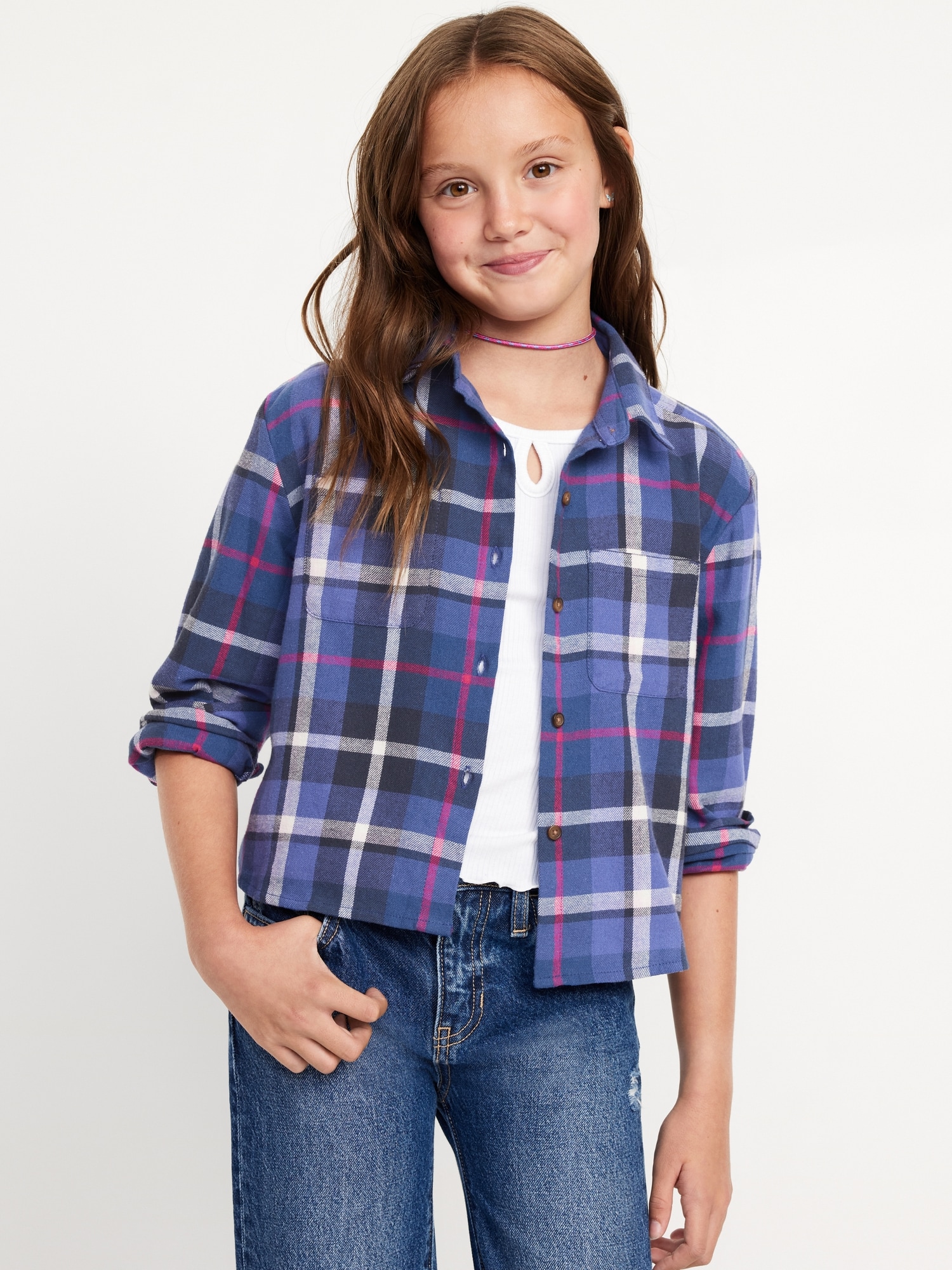 Cropped Long-Sleeve Plaid Pocket Flannel Shirt for Girls