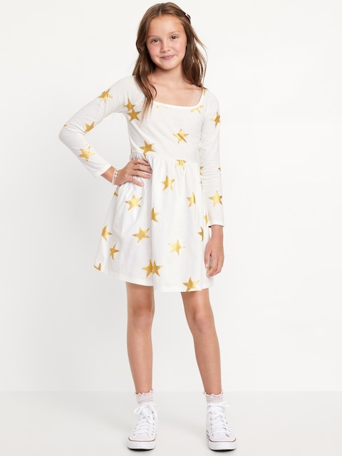Long-Sleeve Printed Fit and Flare Dress for Girls