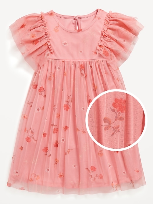 Voir une image plus grande du produit 1 de 2. Robe à manches flottantes en tulle à imprimé pour toute-petite fille