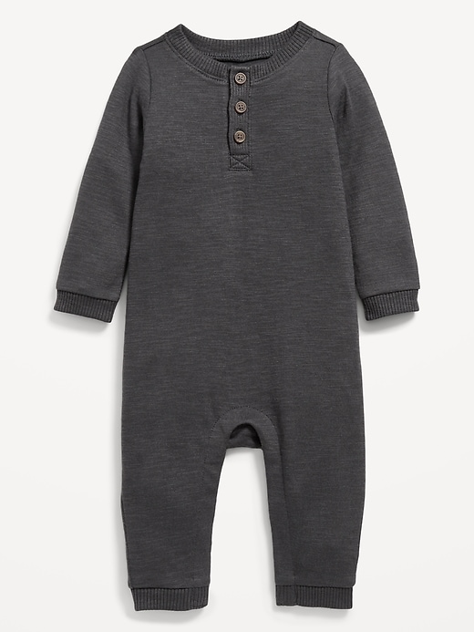 View large product image 1 of 1. Long-Sleeve Jersey-Knit Henley One-Piece for Baby