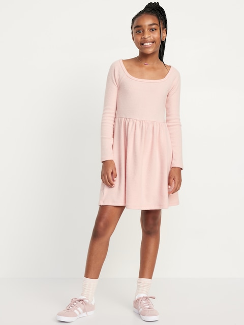 Long-Sleeve Plush Ribbed Fit and Flare Dress for Girls