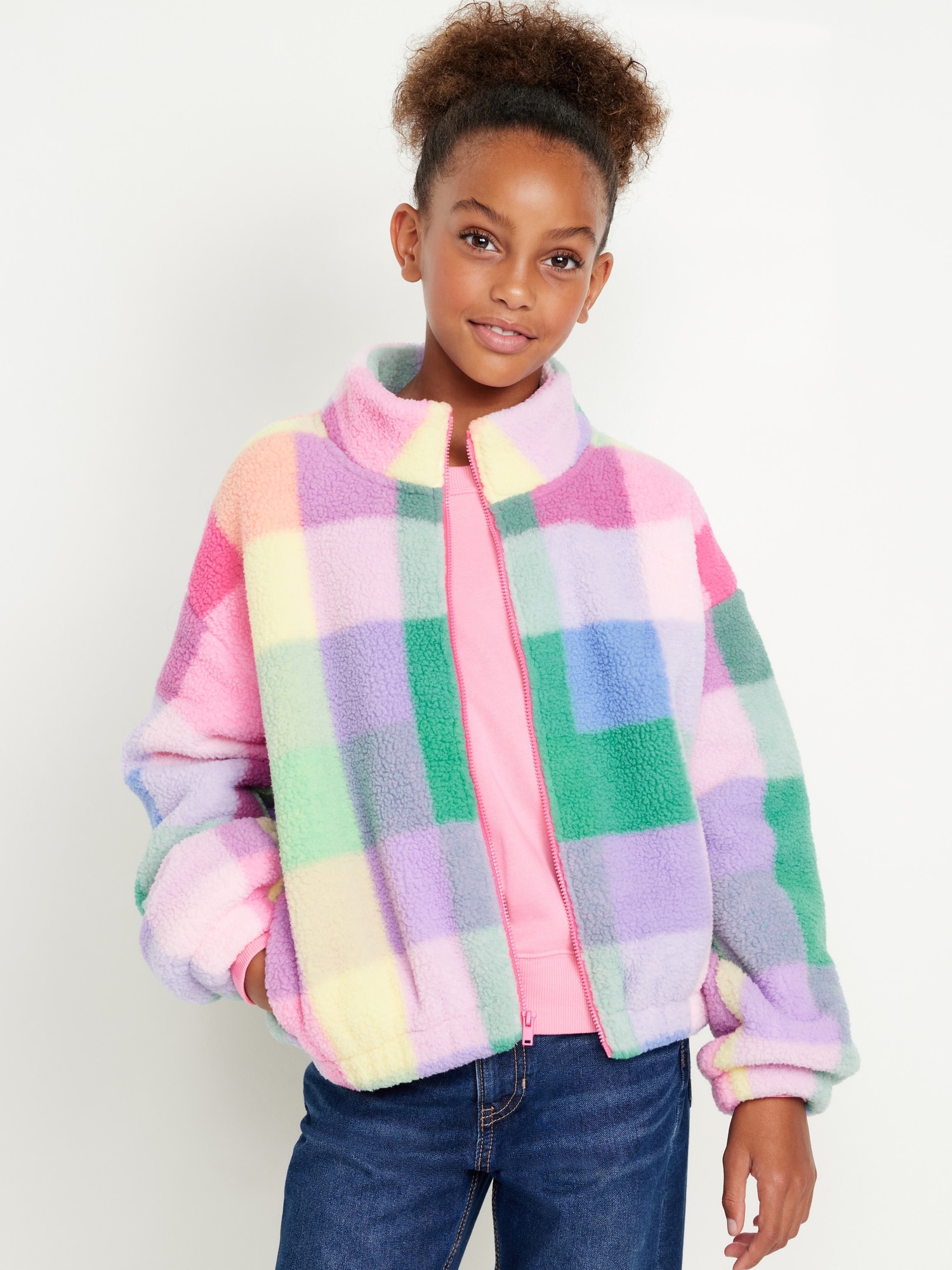 Printed Mock-Neck Sherpa Full-Zip Jacket for Girls