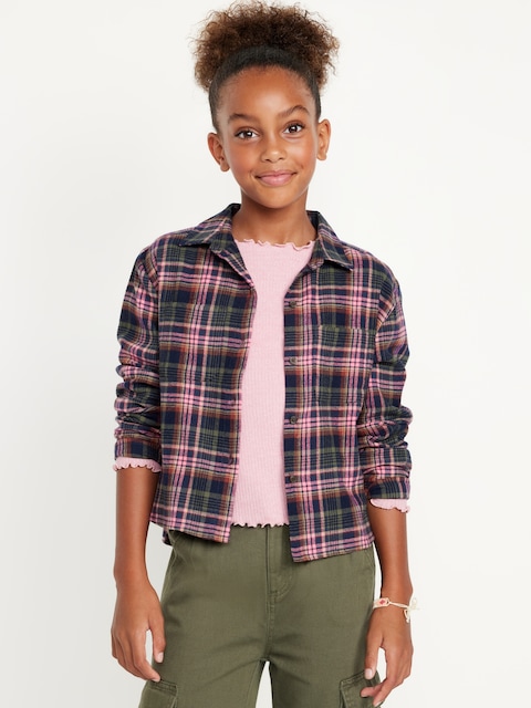 Cropped Long-Sleeve Plaid Pocket Flannel Shirt for Girls