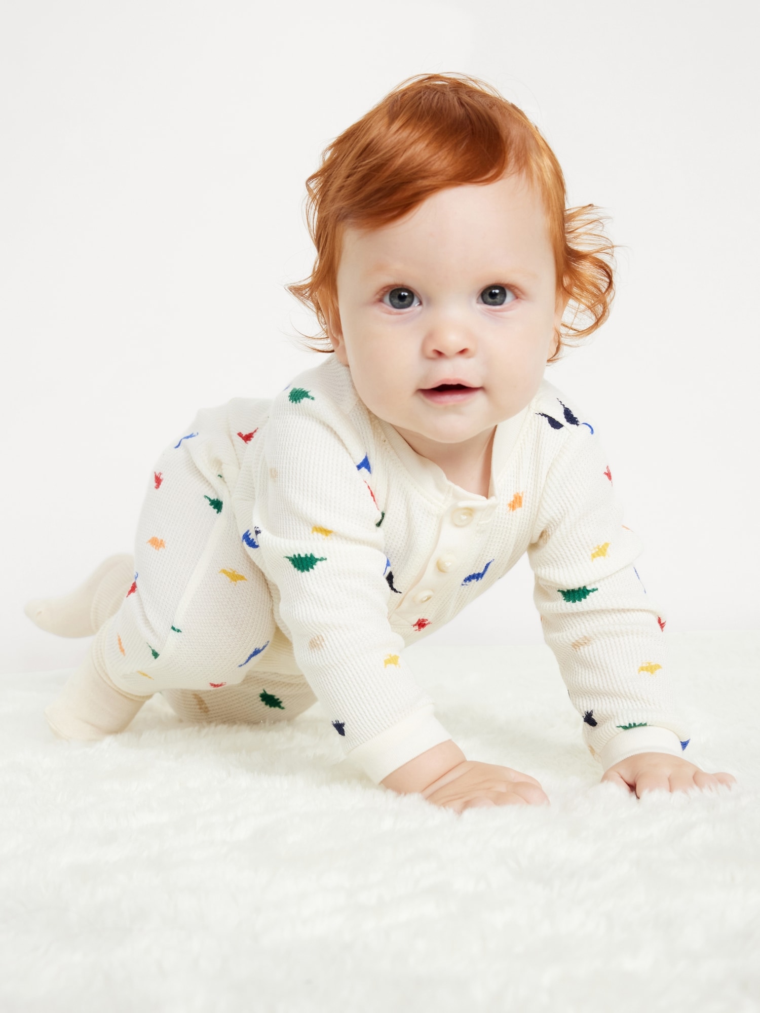 Printed Long-Sleeve Thermal-Knit Henley One-Piece for Baby