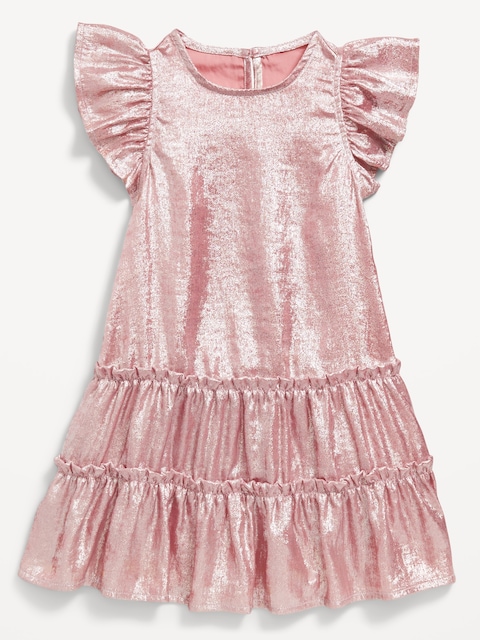 Robe étagée brillante à manches flottantes pour toute-petite fille - Rose