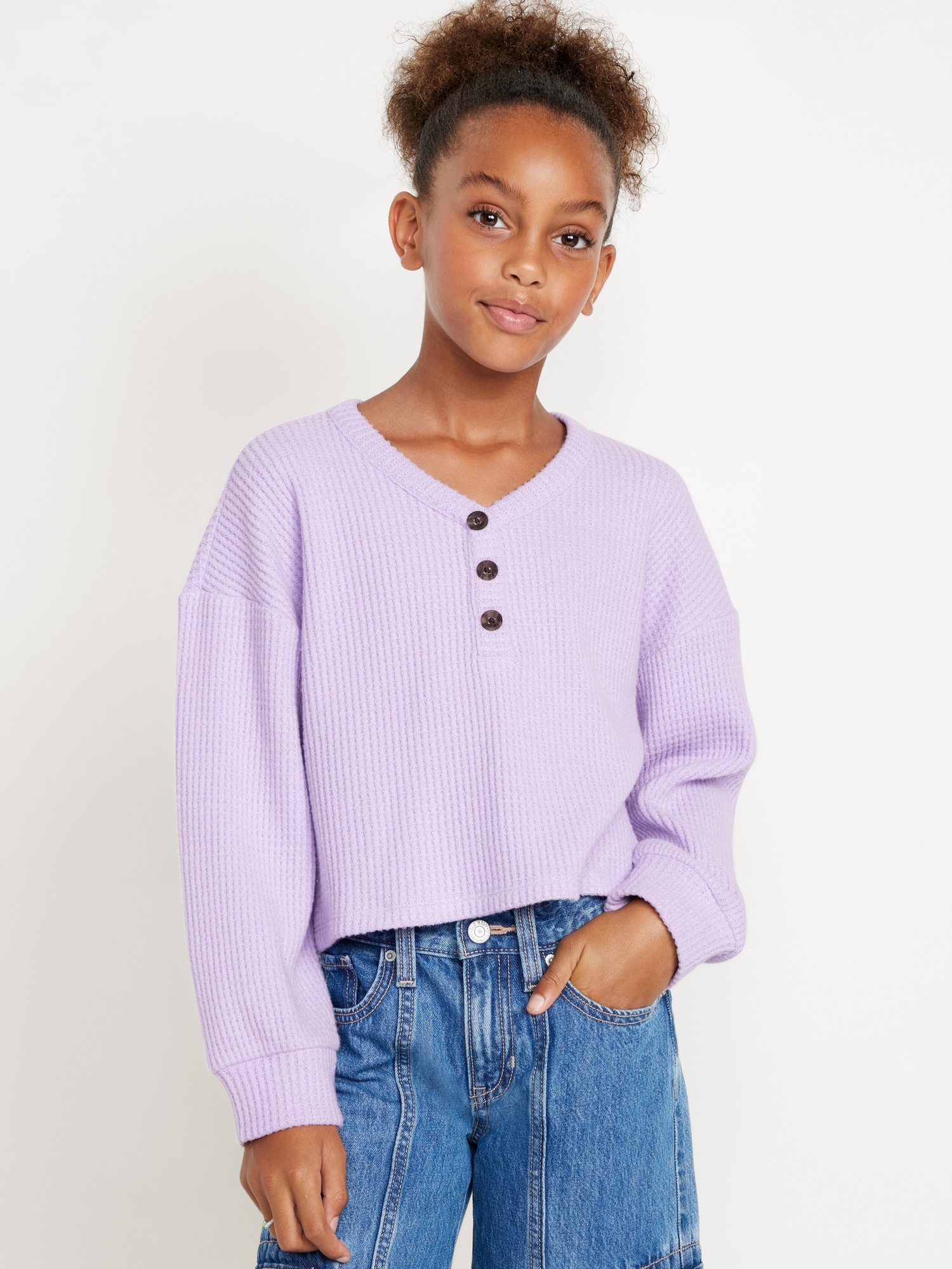 Long-Sleeve Thermal-Knit Henley Top for Girls - Purple