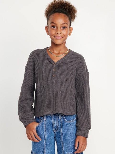 Long-Sleeve Thermal-Knit Henley Top for Girls