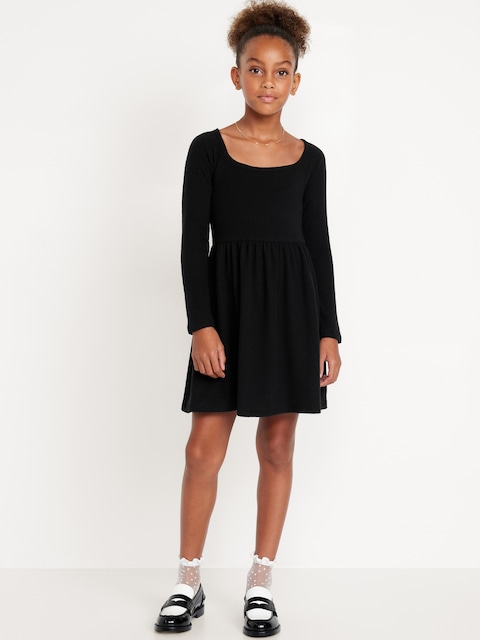 Robe ajustée et évasée, côtelée et duveteuse à manches longues pour fille