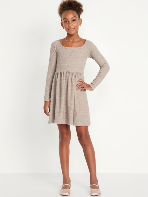 Robe ajustée et évasée, côtelée et duveteuse à manches longues pour fille