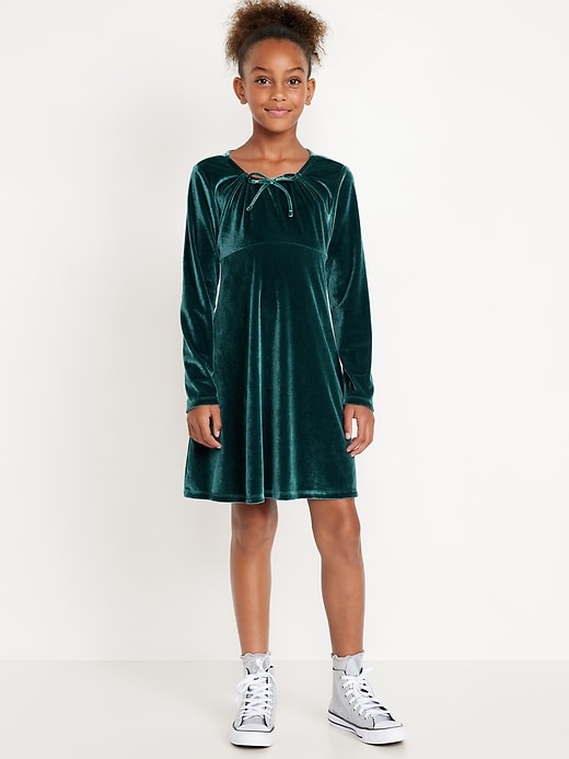 View large product image 1 of 3. Long-Sleeve Tie-Neck Velvet Swing Dress for Girls