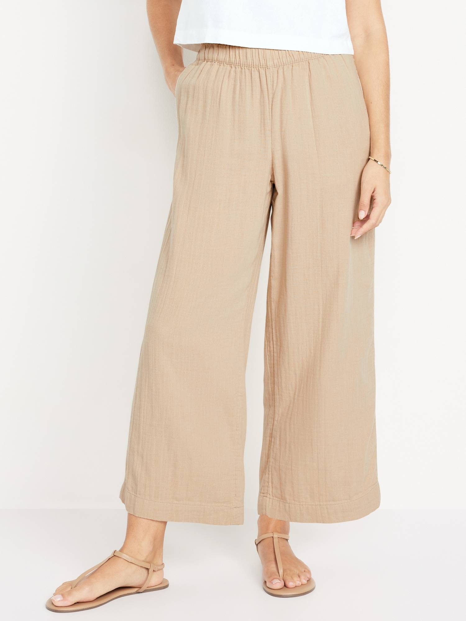 High-Waisted Crinkle Gauze Ankle Pants