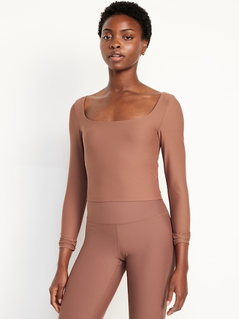 PowerSoft Long-Sleeve Crop Support Top - Brown