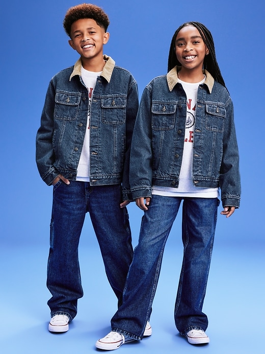 Image number 1 showing, '94 Gender-Neutral Corduroy-Trim Jean Trucker Jacket for Kids