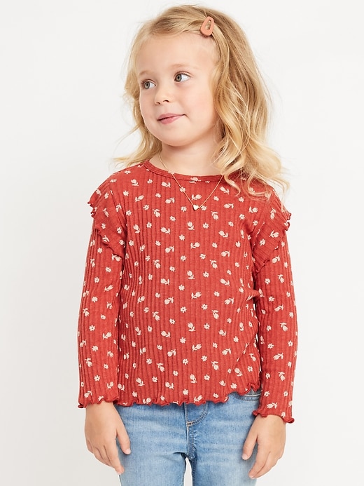 Voir une image plus grande du produit 1 de 3. Haut à motif en tricot pointelle à volants et à manches longues pour toute-petite fille