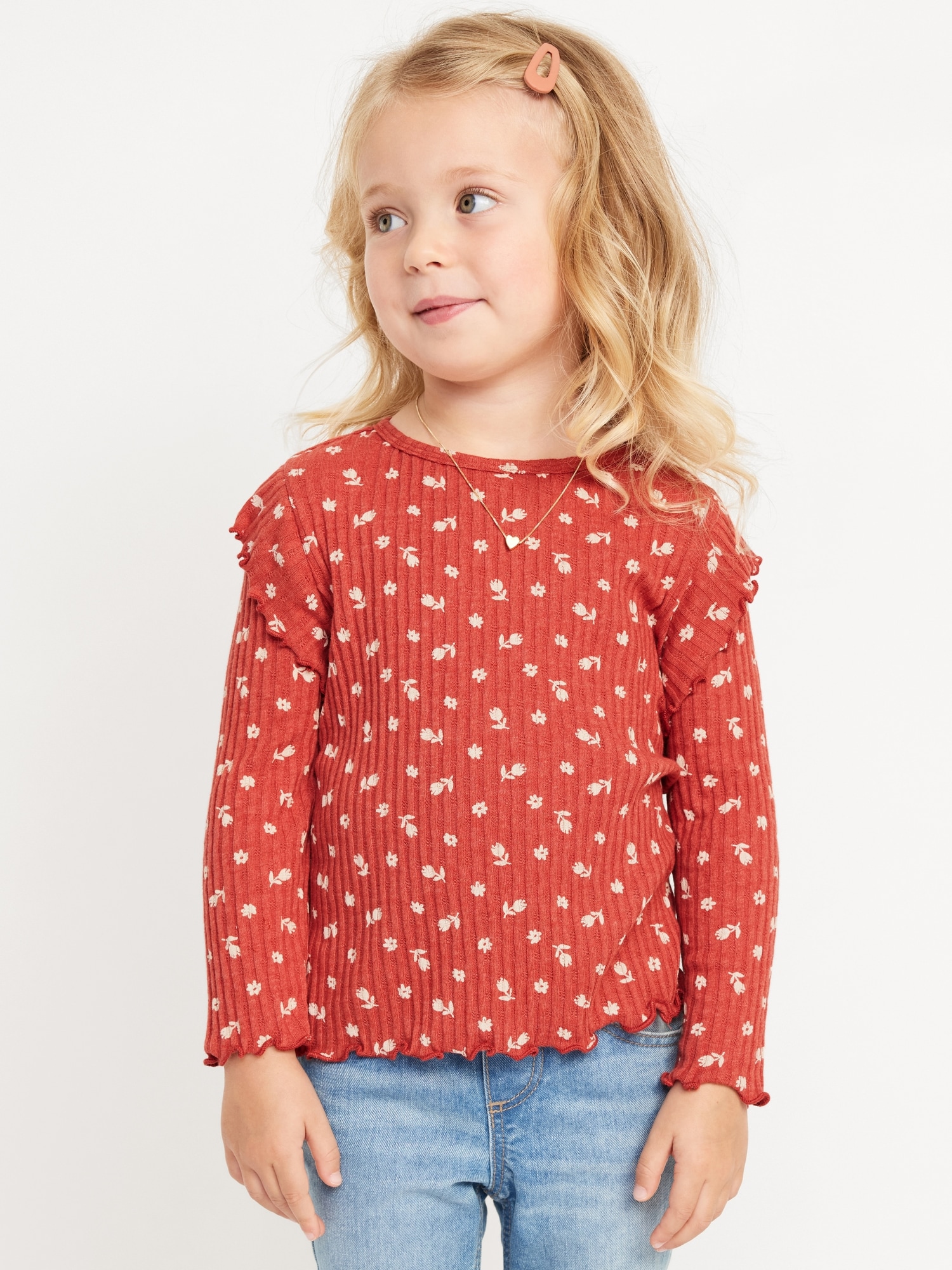 Long-Sleeve Ruffle Pointelle Top for Toddler Girls