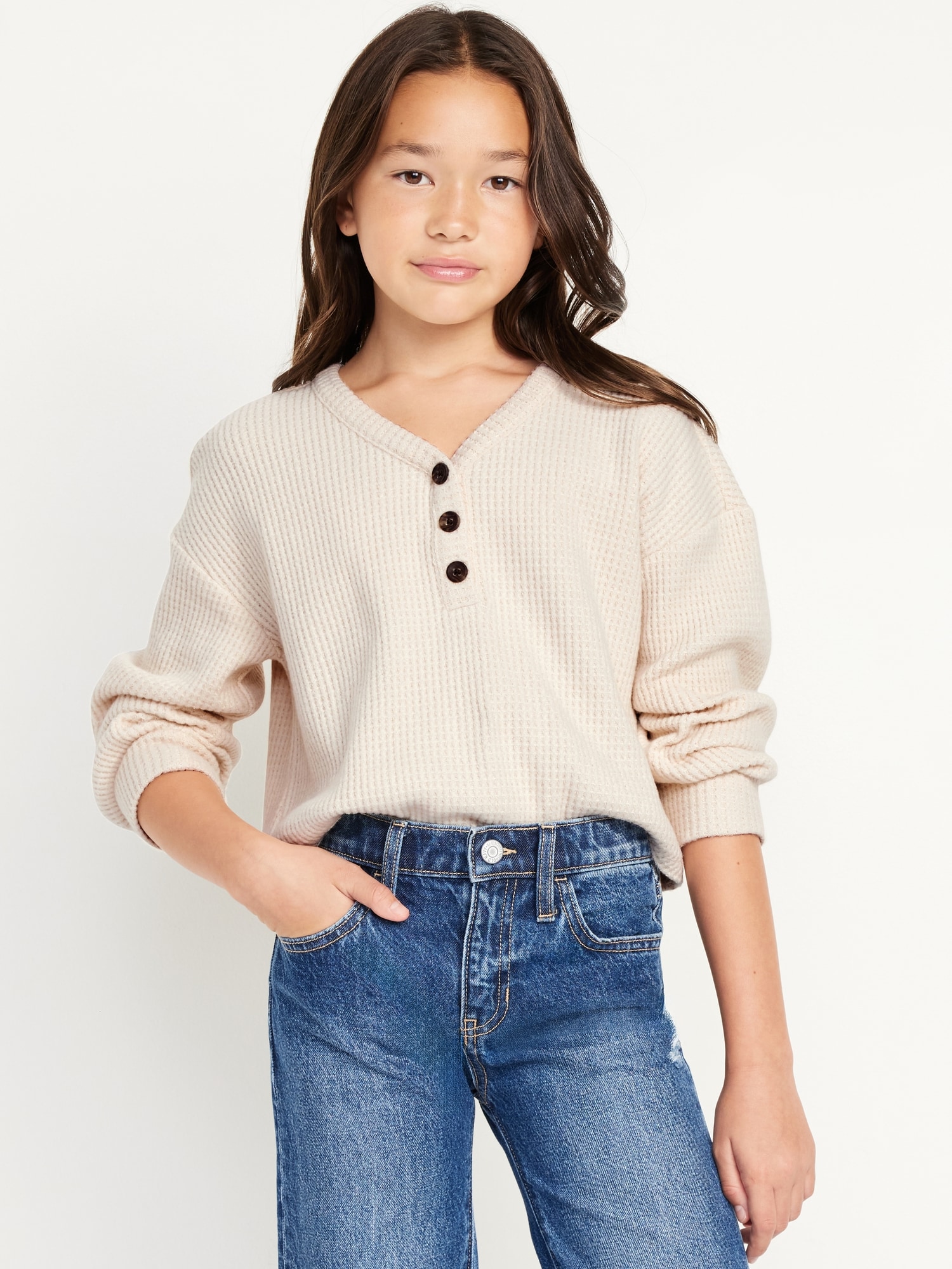 Long-Sleeve Thermal-Knit Henley Top for Girls