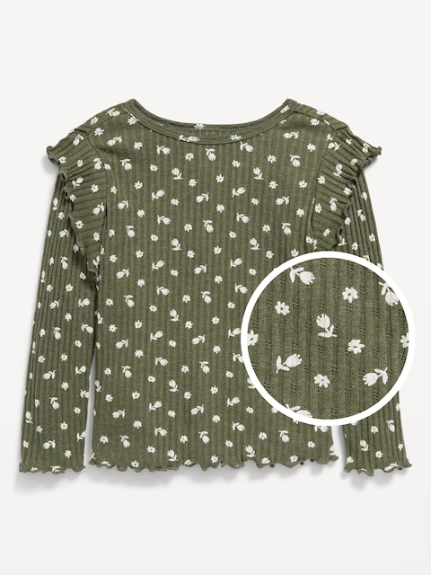Printed Long-Sleeve Ruffle Pointelle Top for Toddler Girls