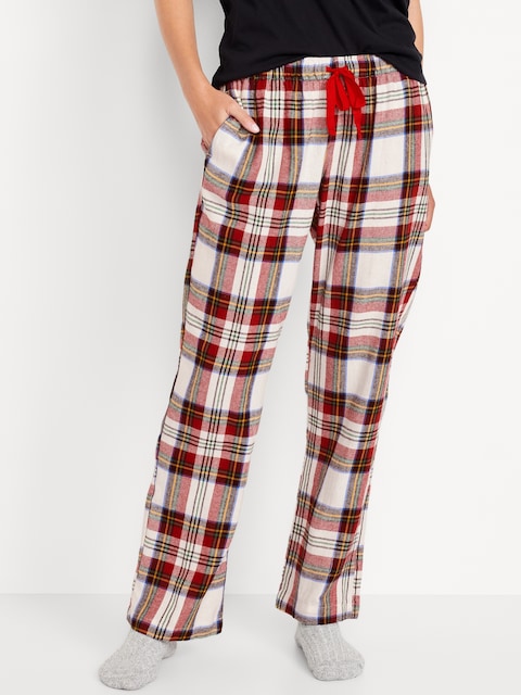Mid-Rise Flannel Pajama Pants for Women - White