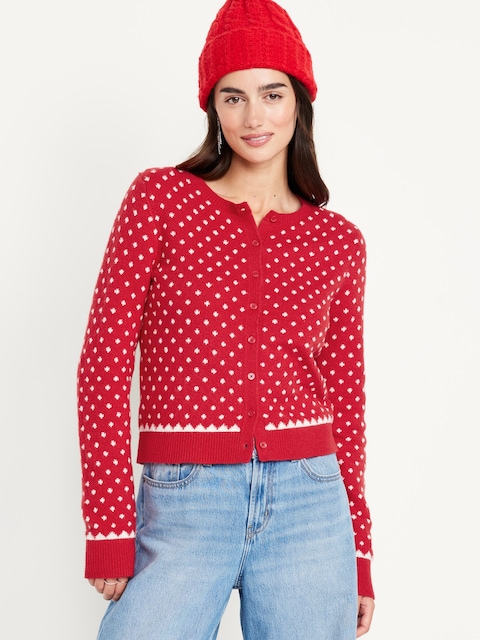 Cardigan court en tricot côtelé SoSoft à motif des Fêtes - Rouge